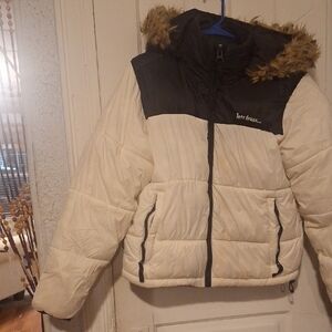 Cream and Black Puffer Jacket with Fur